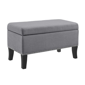 Fabric Upholstered Wooden Ottoman with Nailhead Trim, Gray and Black