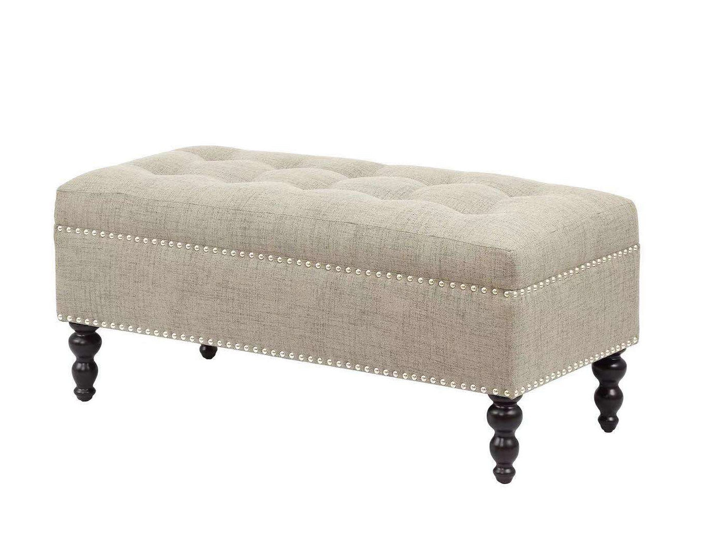 Fabric Upholstered Tufted Ottoman with Turned Wooden Legs, Beige