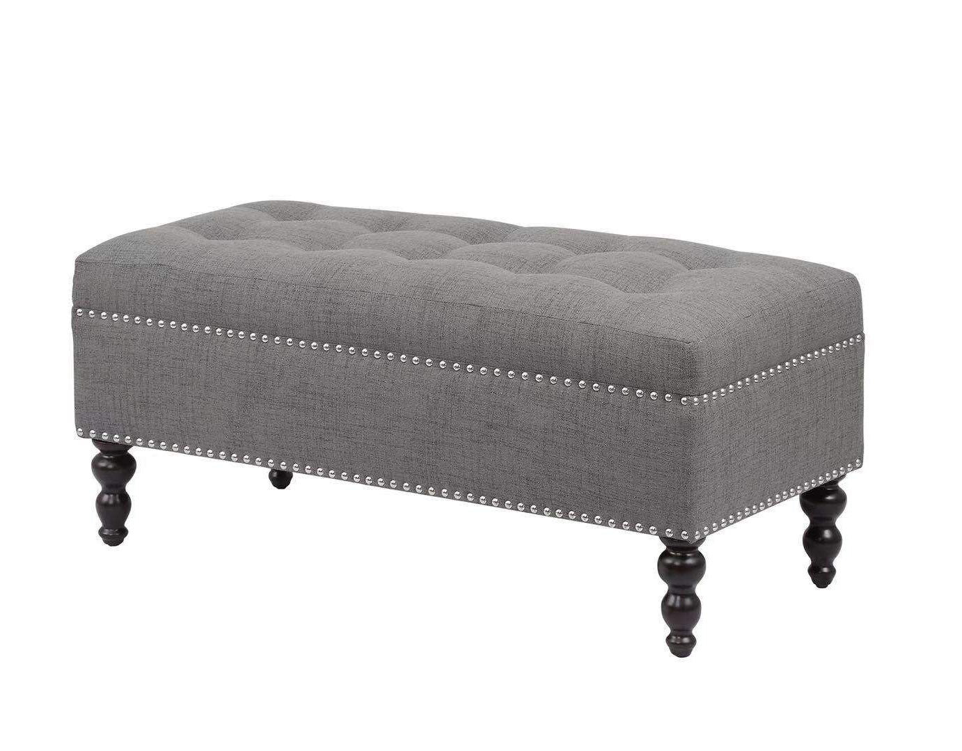 Fabric Upholstered Tufted Ottoman with Turned Wooden Legs, Gray