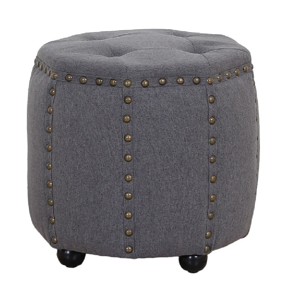 Tufted Fabric and Wooden Ottoman with Nailhead Rim and Sides, Gray