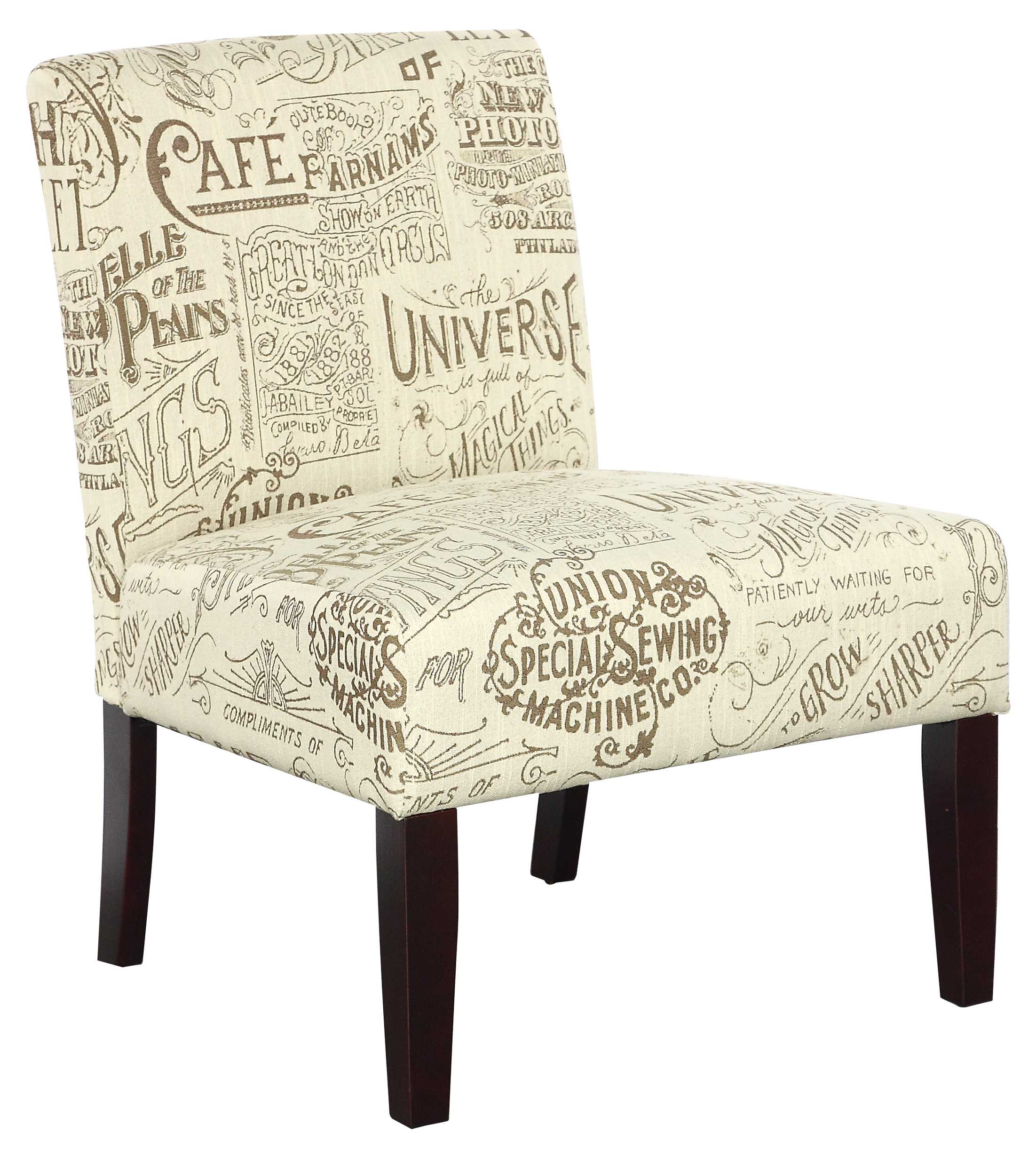 Script Fabric Accent Chair with Wooden Legs, Cream and Brown