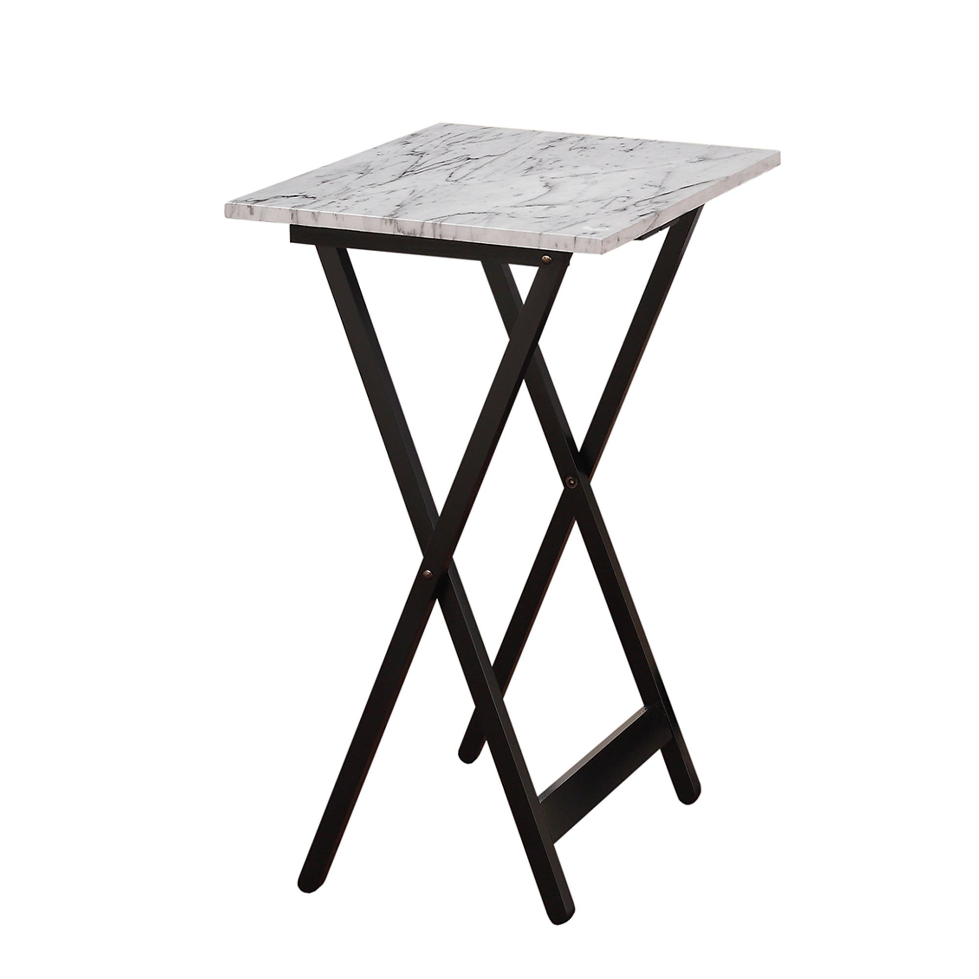 5 Piece Foldable Tray Table Set with Faux Marble Top, Brown and White