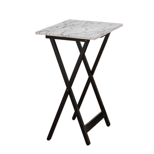5 Piece Foldable Tray Table Set with Faux Marble Top, Brown and White