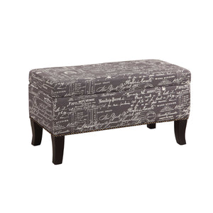 Fabric Upholstered Wooden Ottoman with Script Pattern, Gray and Black