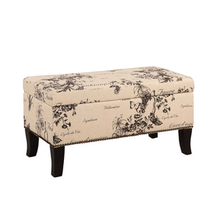 Fabric Upholstered Wooden Ottoman with Botanical Print,Beige and Black