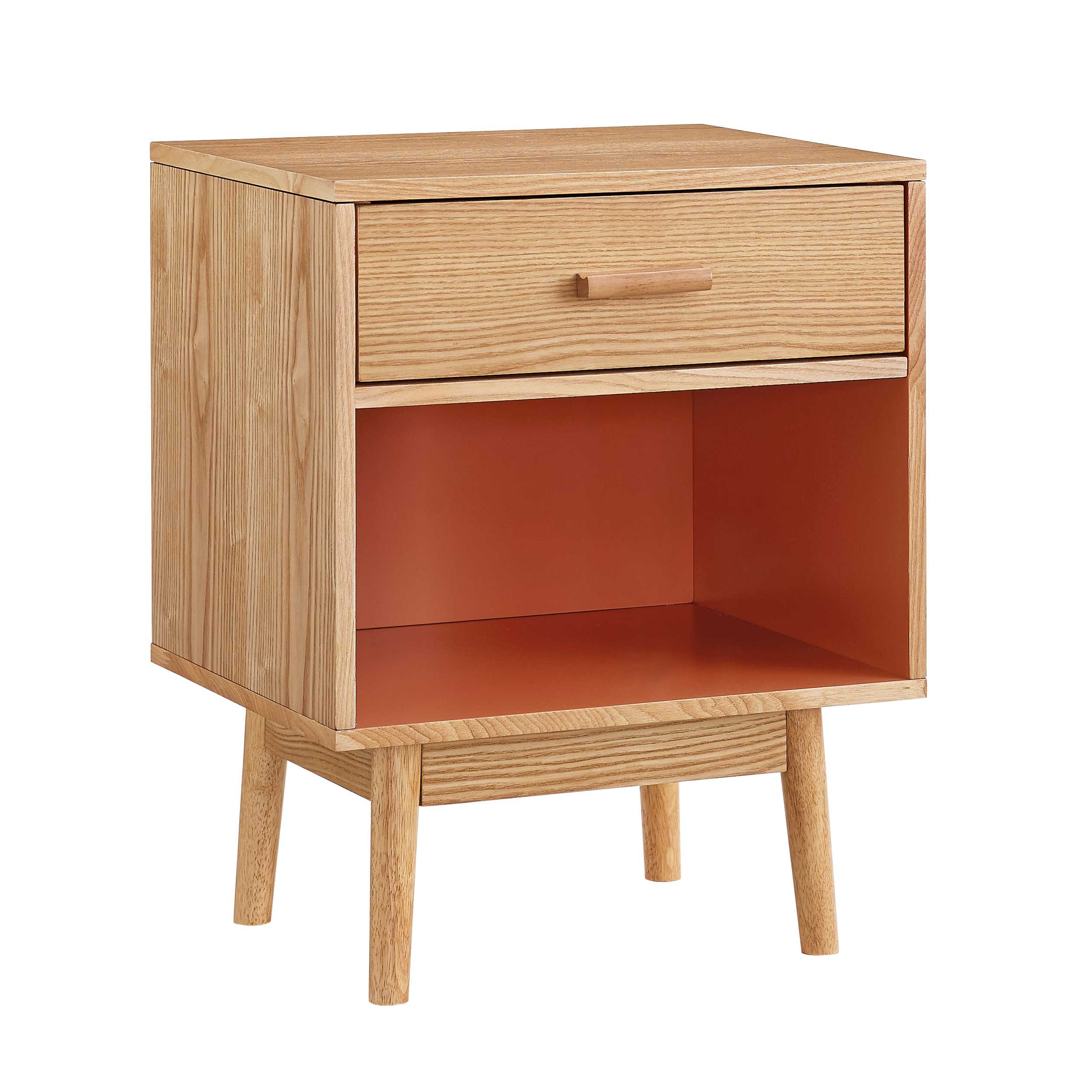 Wooden End Table with One Drawer and One Open Shelf, Brown and Orange