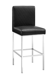 Metal Bar Stool with Diamond Quilted Seat and Back, Black and Silver