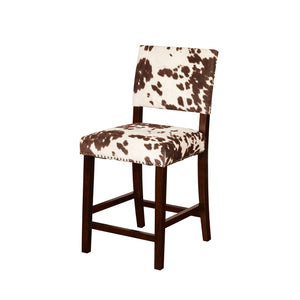 Wooden Counter Stool with Cow Print Upholstery, Brown and White