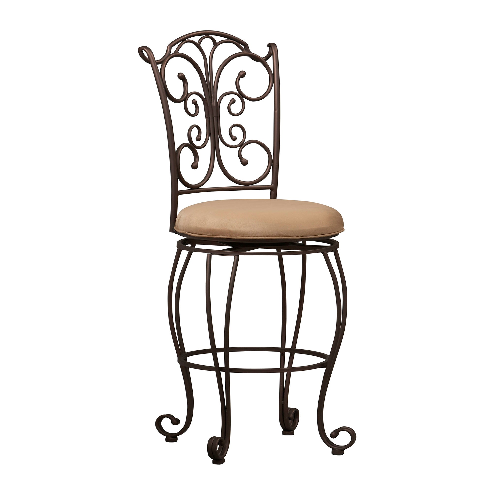 Metal Counter Stool with Cushioned Seat and Scrollwork Details, Brown