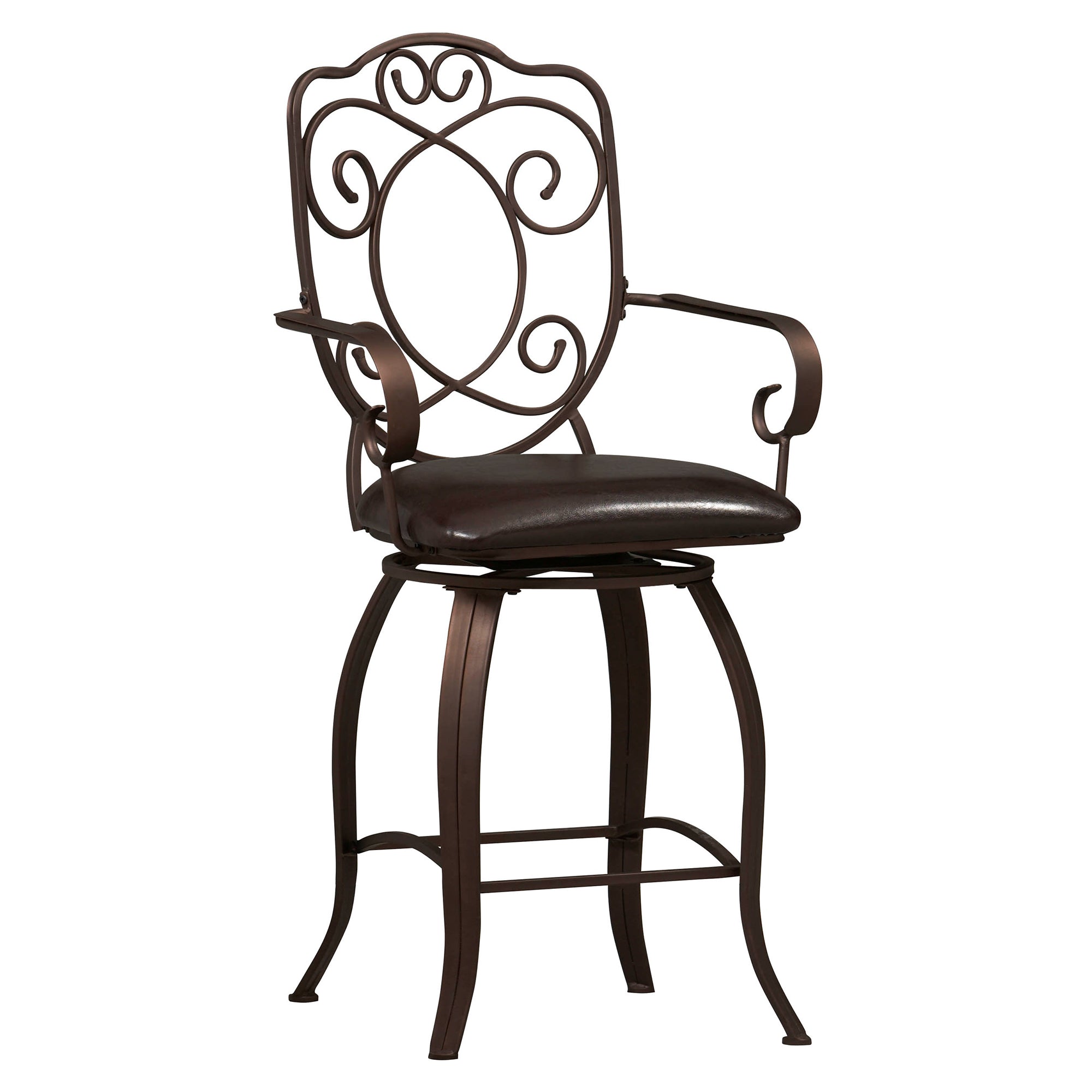 Metal Counter Stool with Armrests and Scrollwork Details, Brown