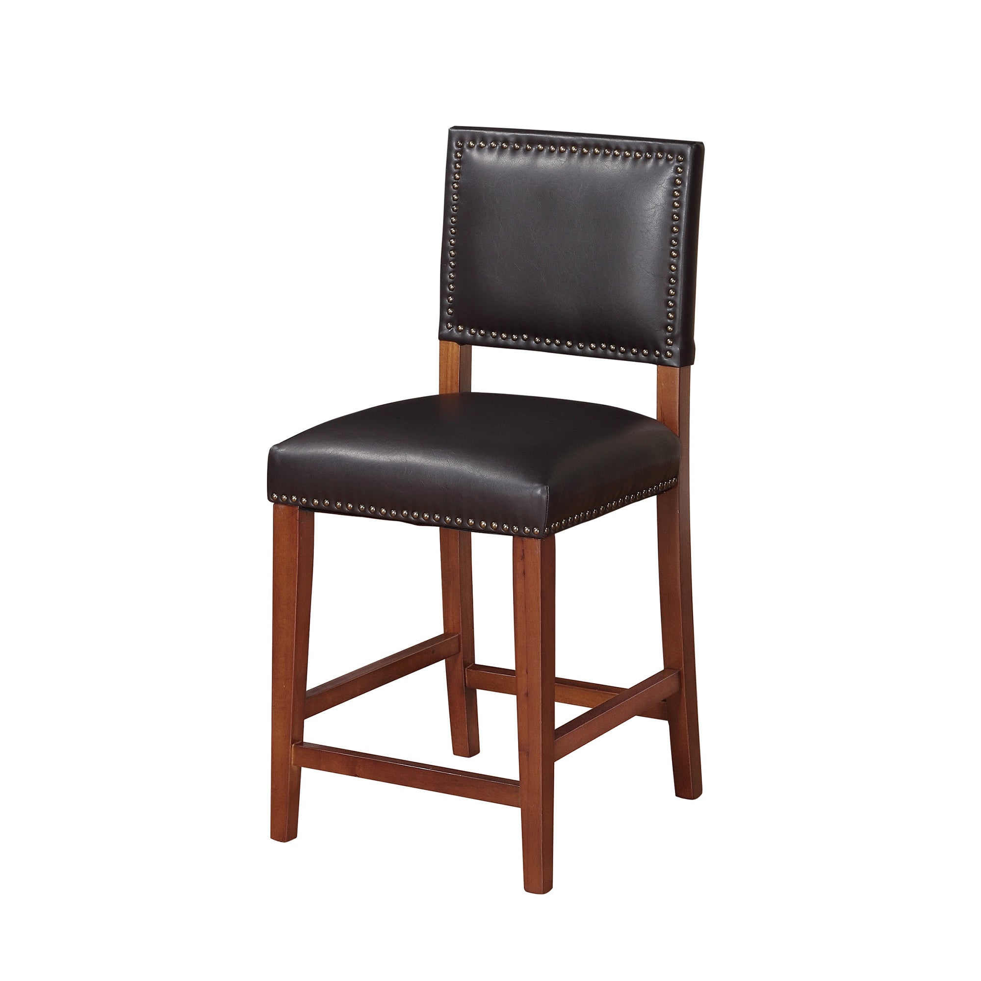 Wooden Counter Stool with Nailhead Trim Accents, Brown and Black