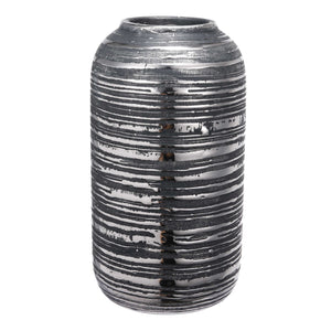 Ceramic Cylindrical Vase with Rimmed Texture, Medium, Silver and Gray