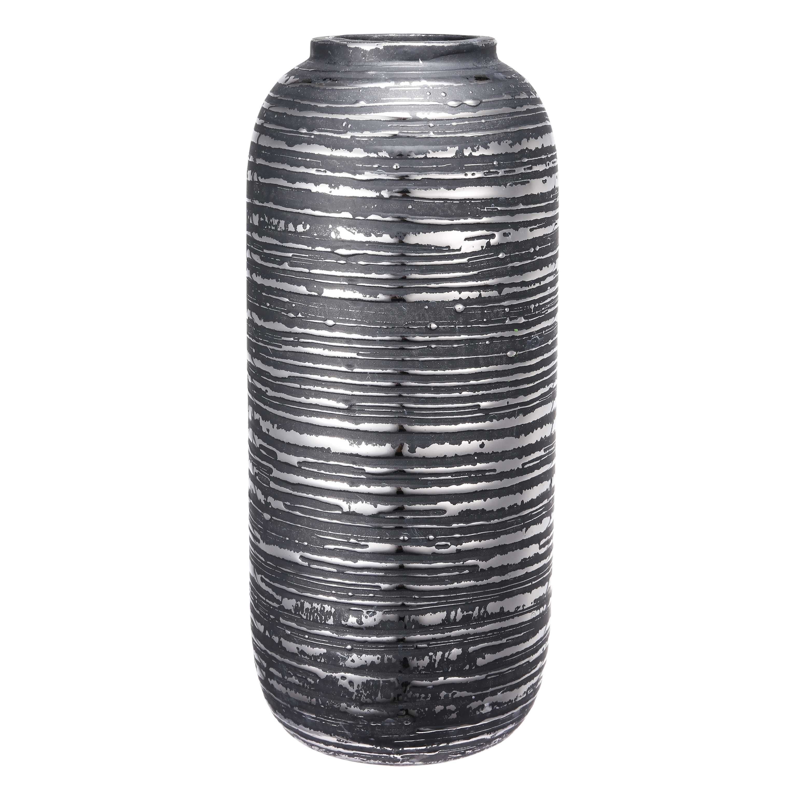 Ceramic Cylindrical Vase with Rimmed Texture, Tall, Silver and Gray