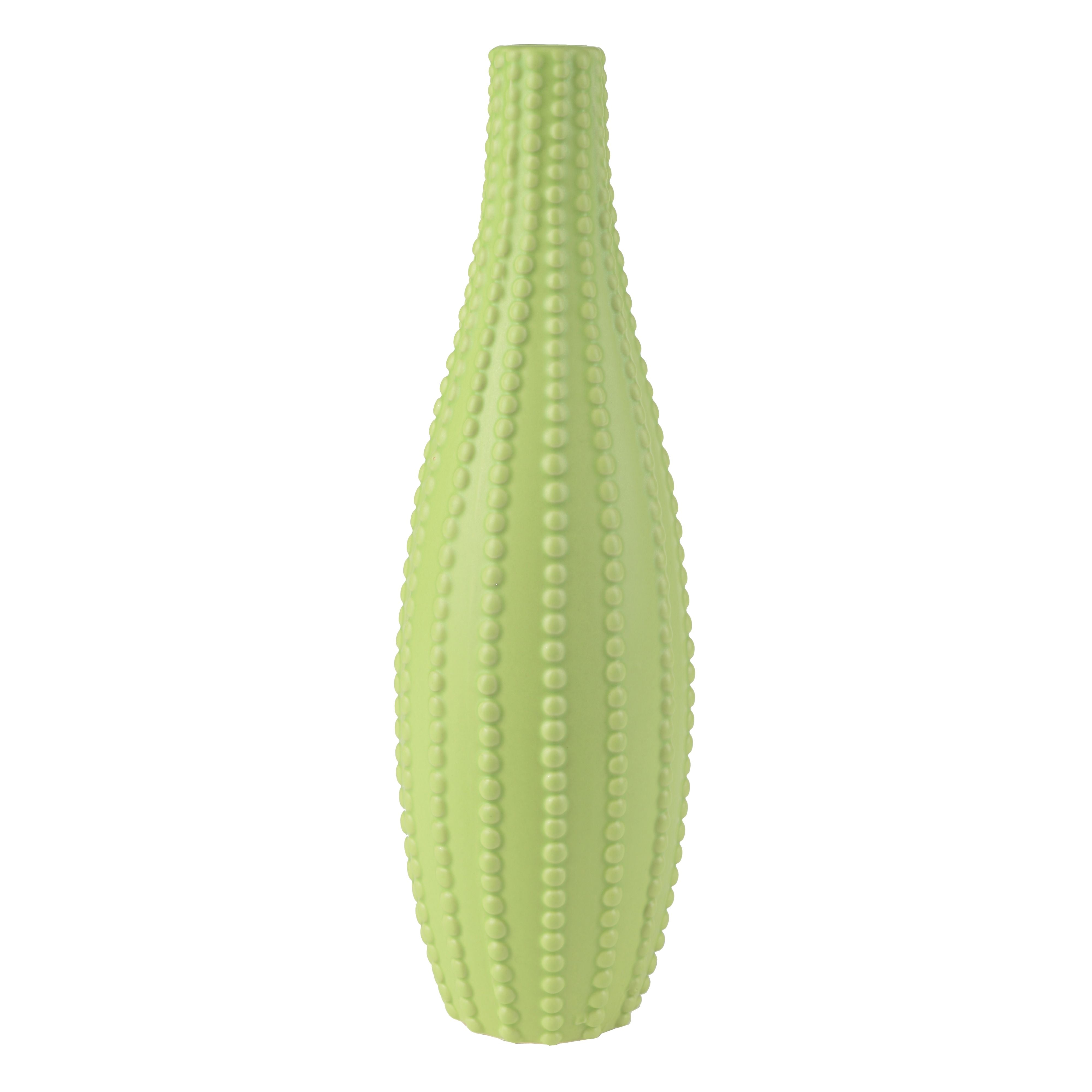 Ceramic Vase with Elongated Neck and Beaded Pattern, Green