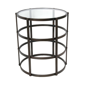 Metal and Glass Side Table with Round and Open Design, Black and Clear