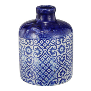 Contemporary Style Intricately Crafted Terracotta Vase, Blue and White