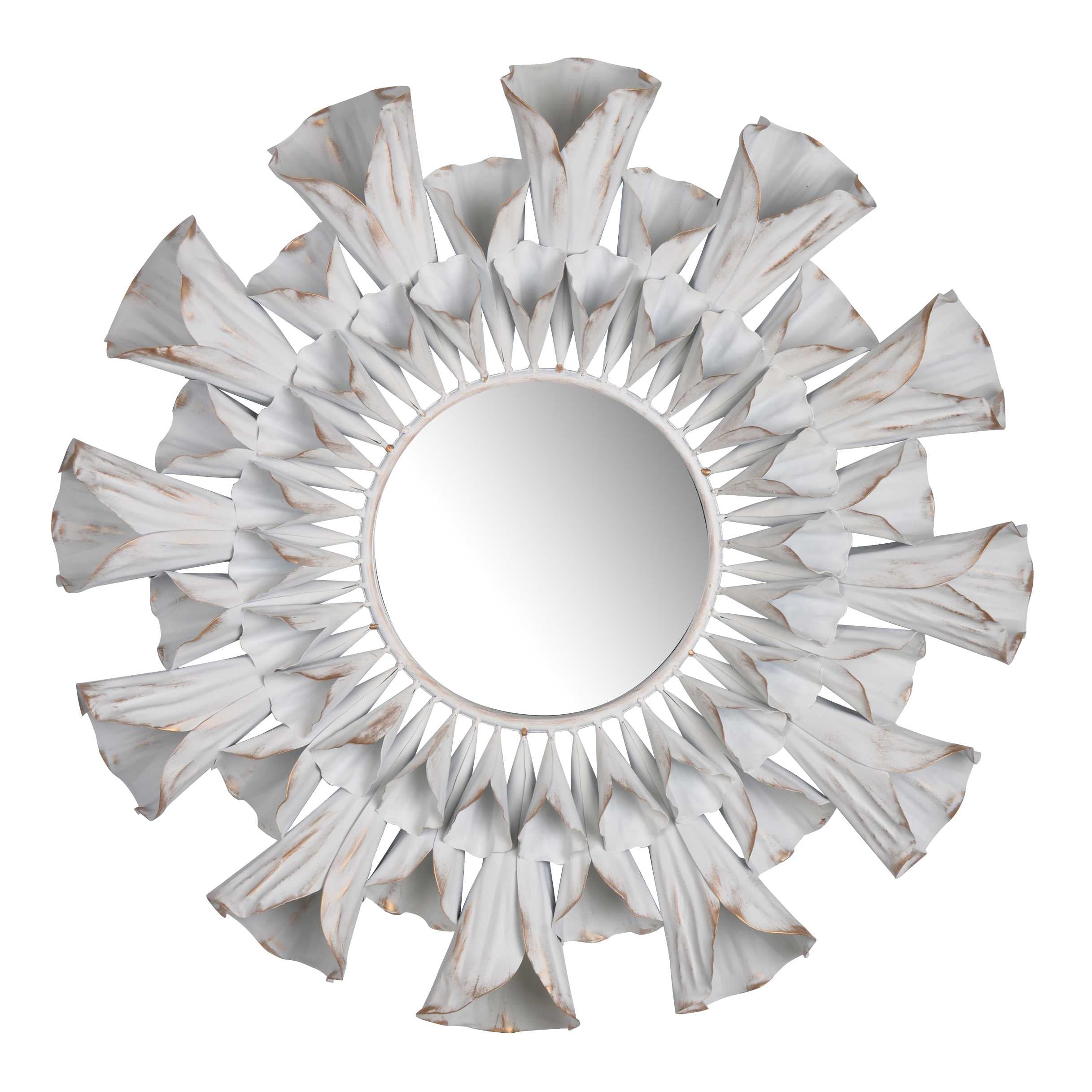 Decorative Metal Wall Mirror with Floral Accents, White and Clear