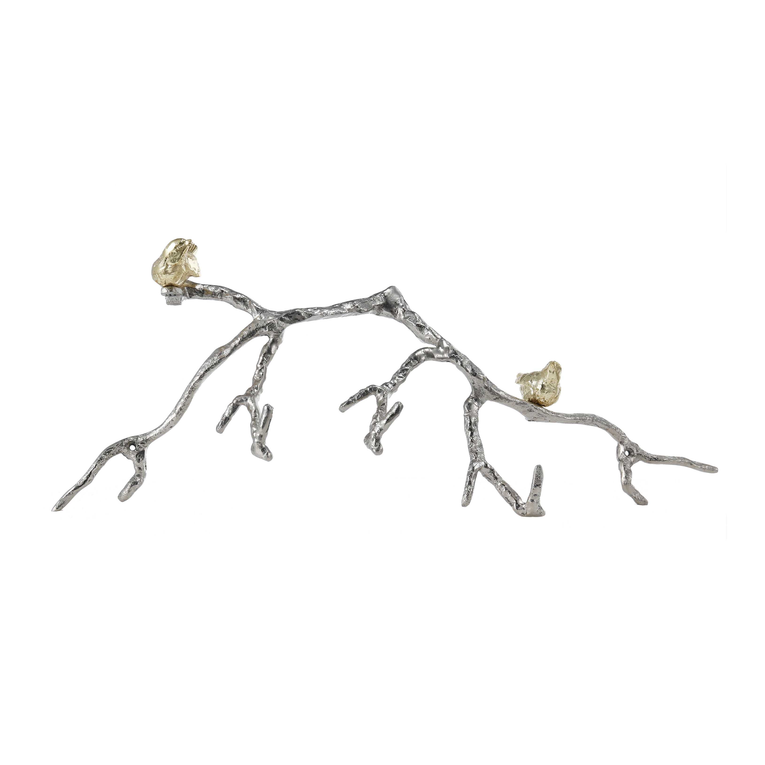 Decorative Wall Hook Branch Shaped with Birds Apogee, Silver and Gold