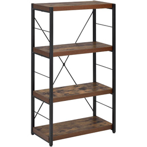 Four Tiered Metal Framed Wooden Bookshelf, Weathered Oak Brown and Black