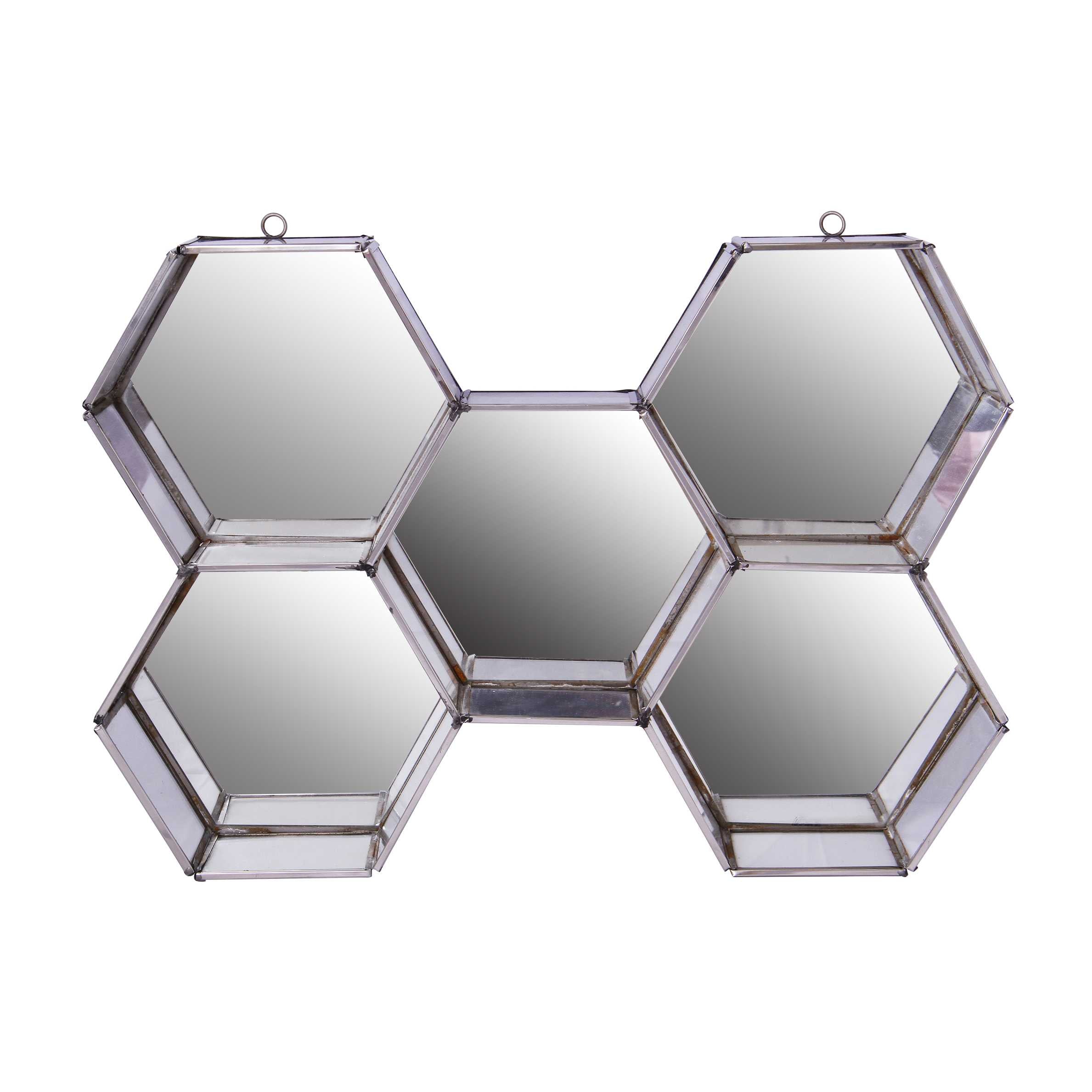 Hexagonal Mirrored Wall Display with Two Keyhole Hanger On Top, Silver