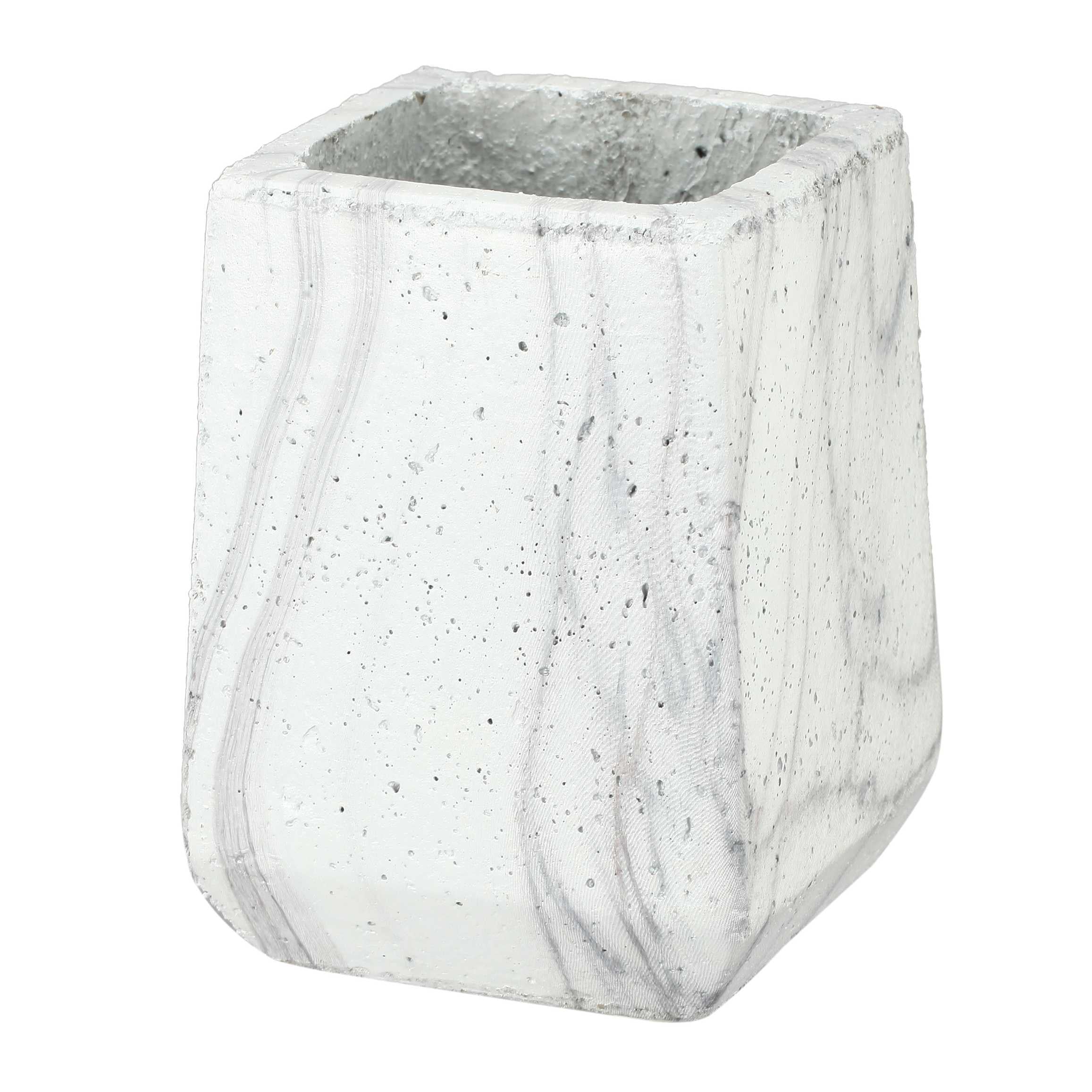 Marbleized Cement Planter with Distressed Details and Square Top,White