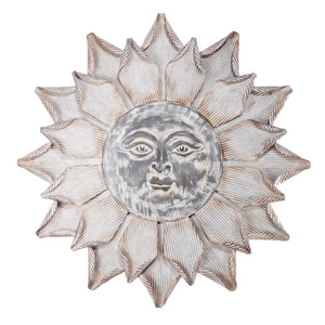 Metal Sun Face Wall Decor with Curved Petals Design, Gray and White