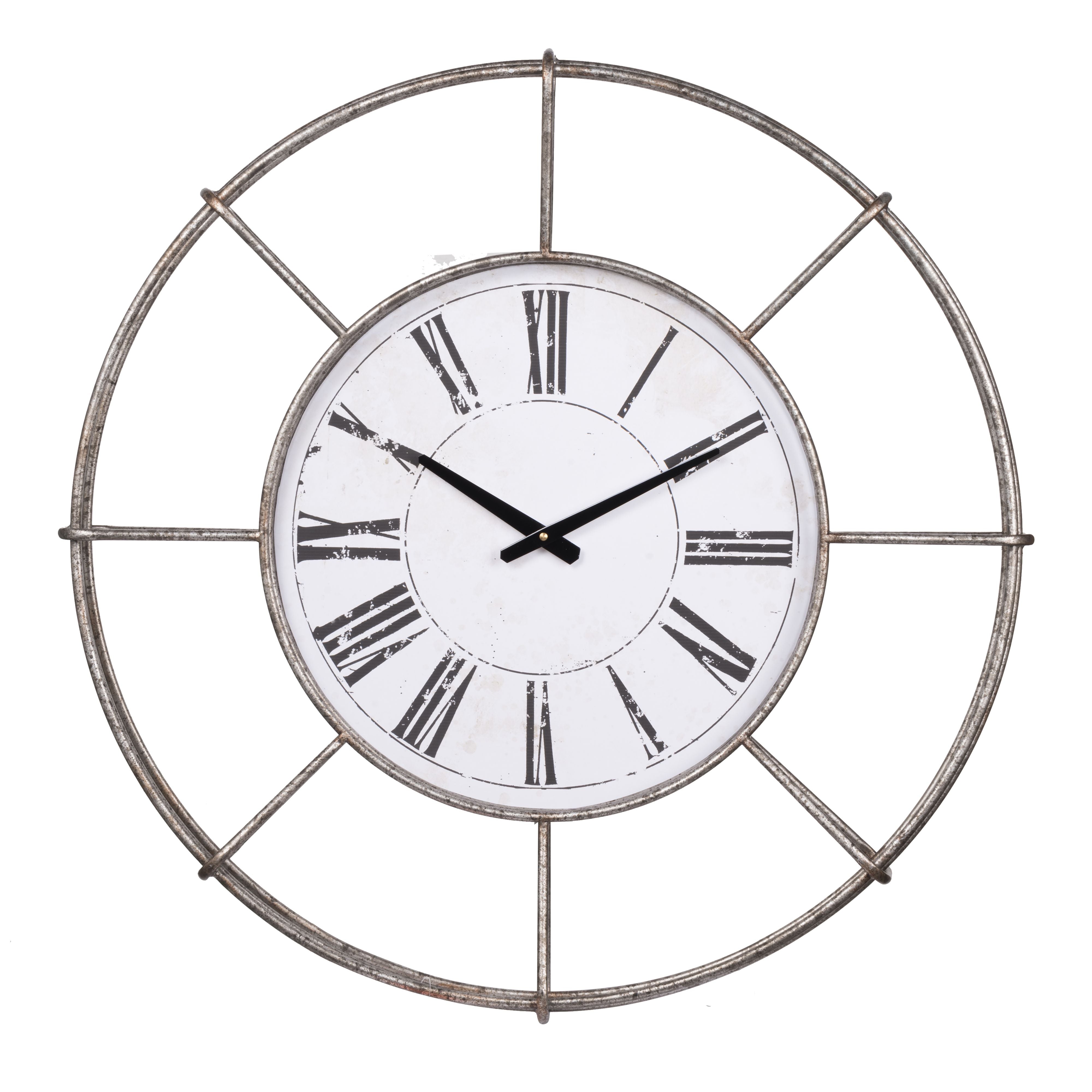 Metal Wall Clock with Circle Dial and Roman Numbers, Silver and White