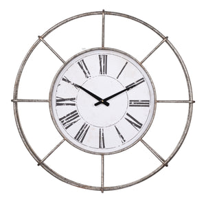 Metal Wall Clock with Circle Dial and Roman Numbers, Silver and White