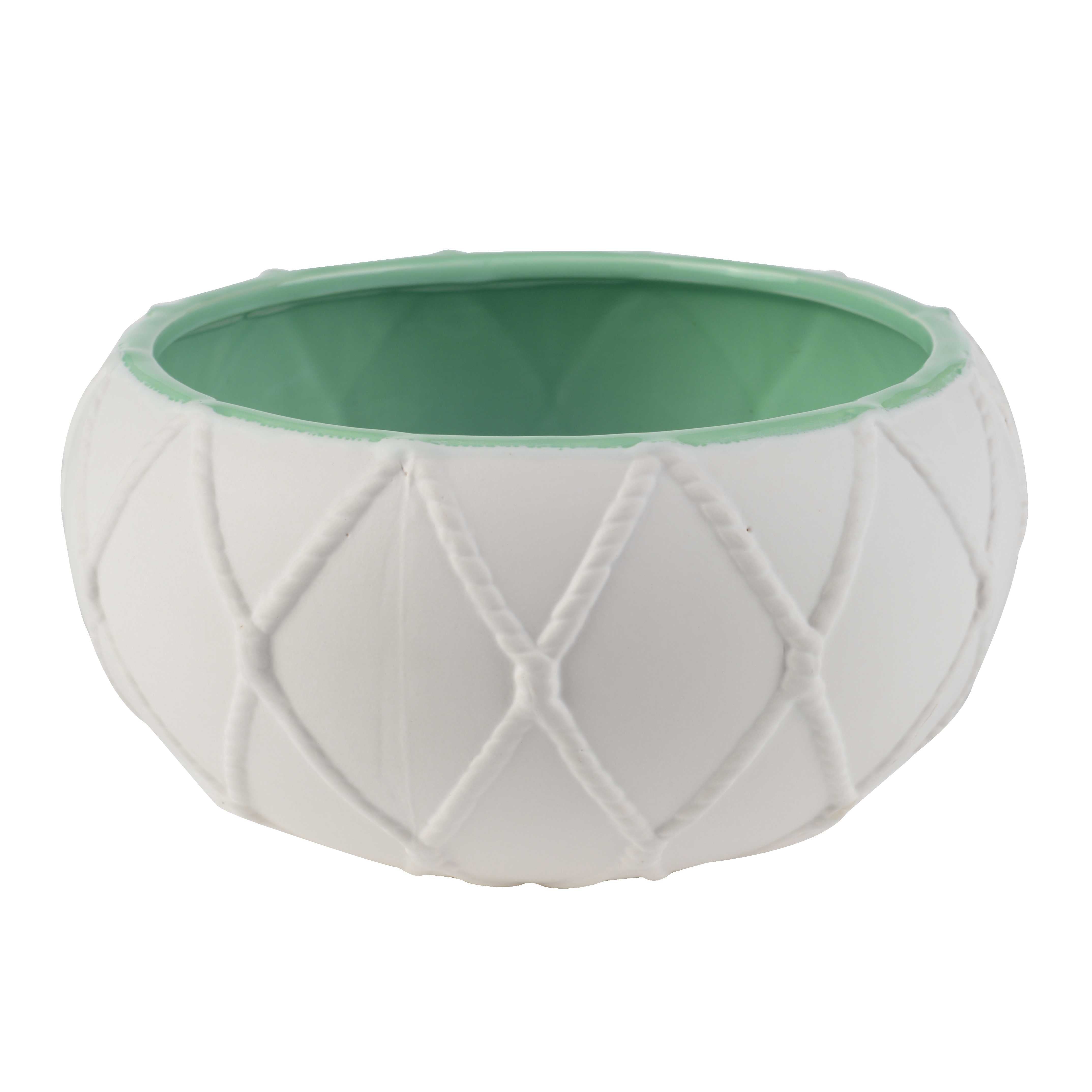 Round Ceramic Pot with Nautical Knot Texture, White and Green