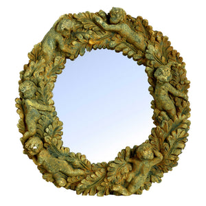 Round Wall Decorative Mirror with Thick Cemented Border, Rustic Green