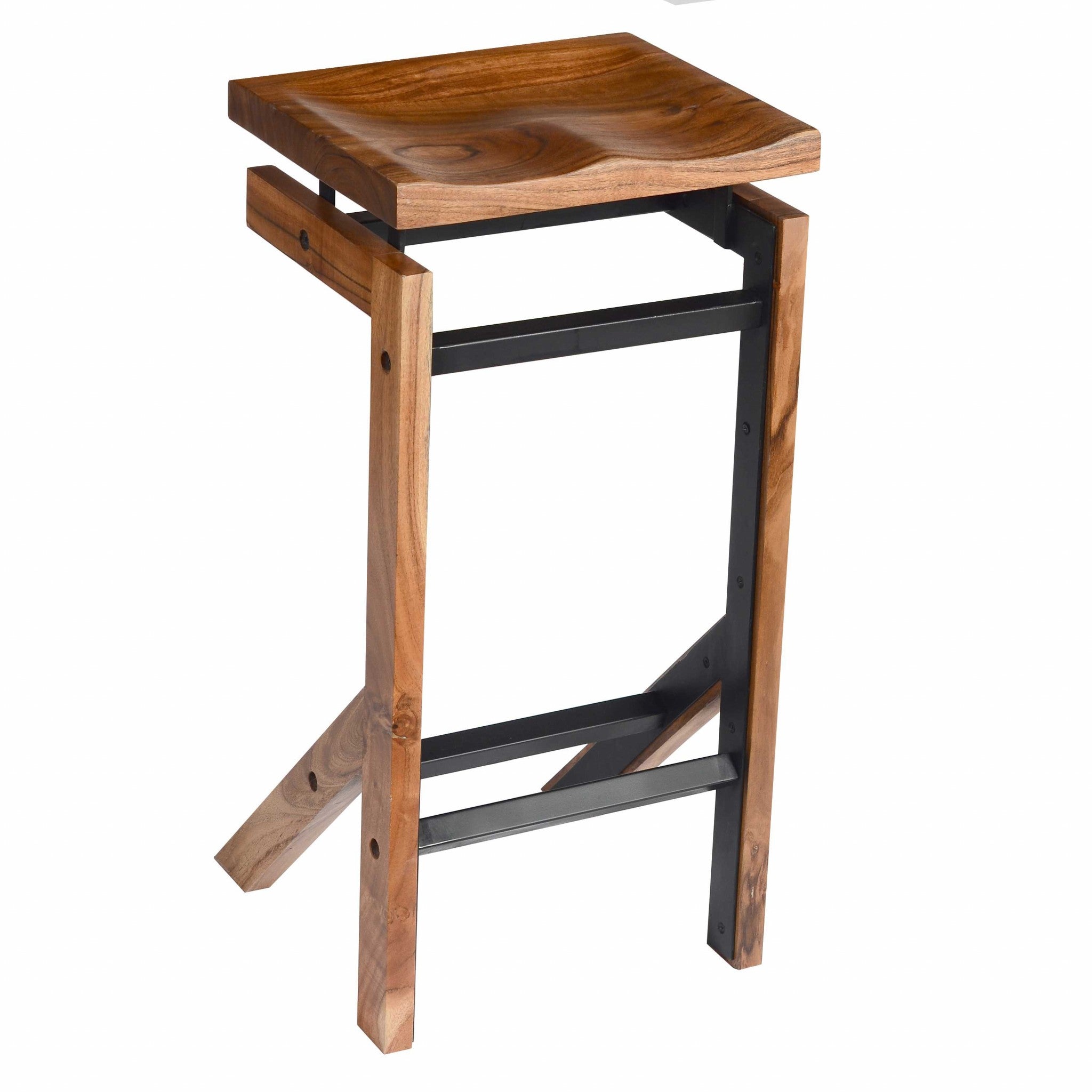 29 Inch Metal Frame Acacia Wood Bar Stool with Saddle Seat, Brown and Black