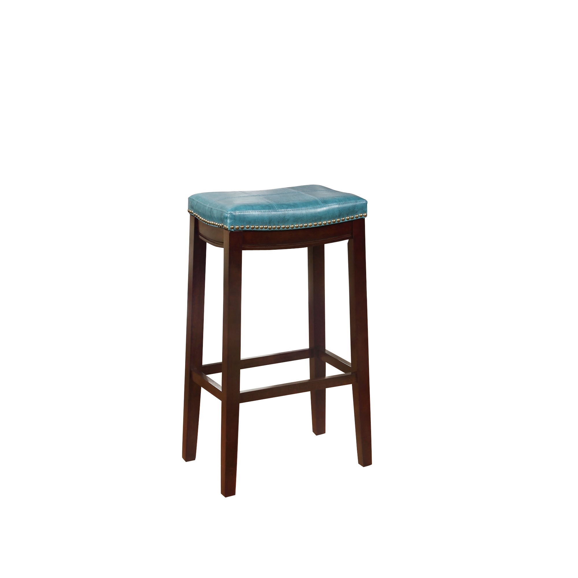 Wooden Bar Stool with Faux Leather Upholstery, Blue and Brown