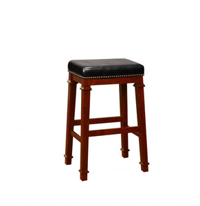 Wooden Bar Stool With Faux Leather upholstery, Brown and Black