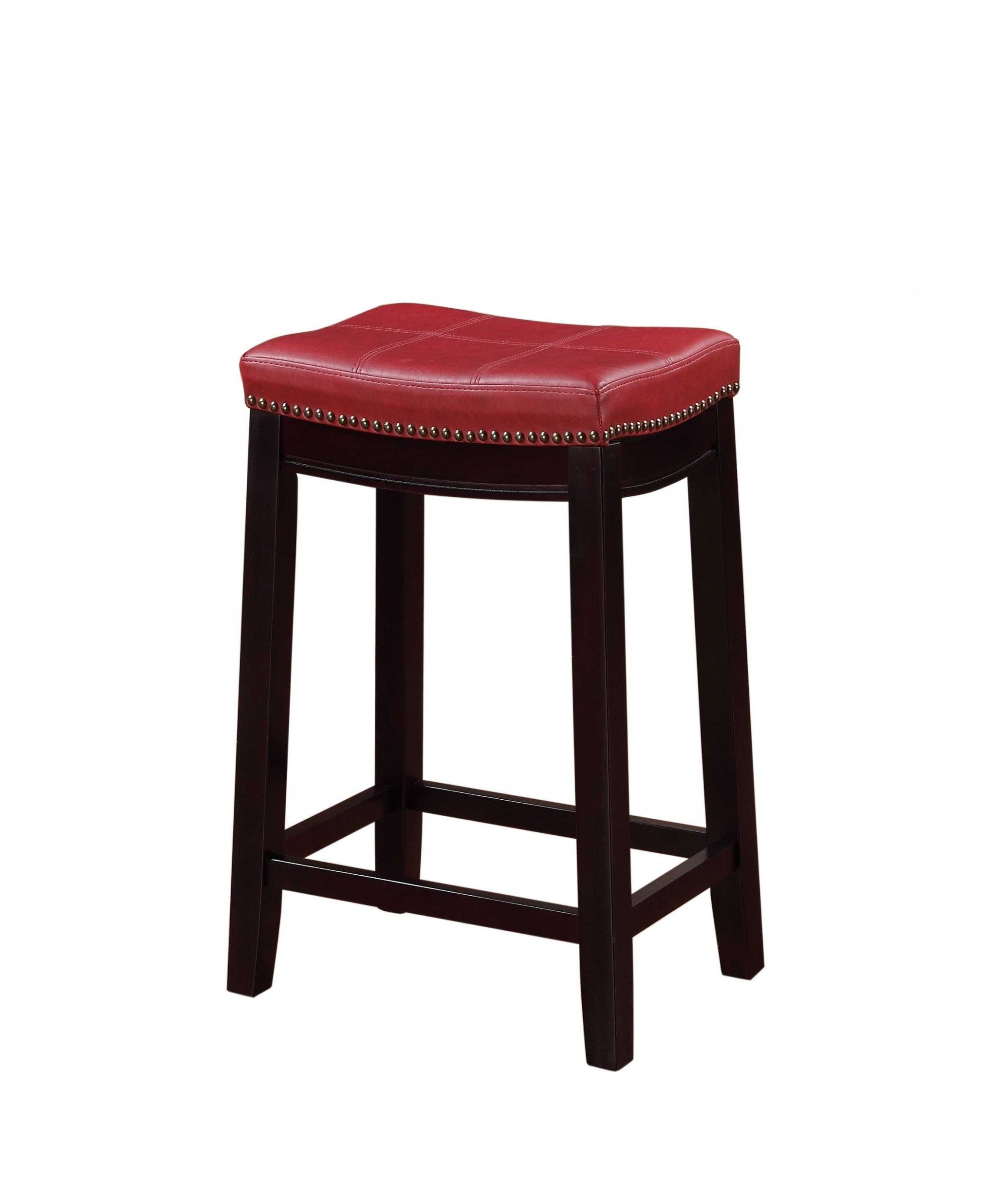 Wooden Counter Stool with Faux Leather Upholstery, Red and Brown