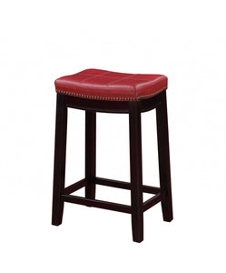 Wooden Counter Stool with Faux Leather Upholstery, Red and Brown