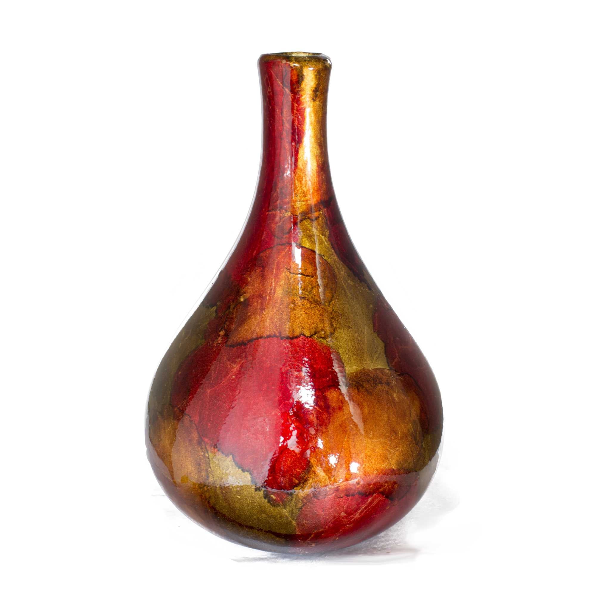 8" X 8" X 12" Amber Red Orange Ceramic Foiled & Lacquered Teardrop Bud Vase