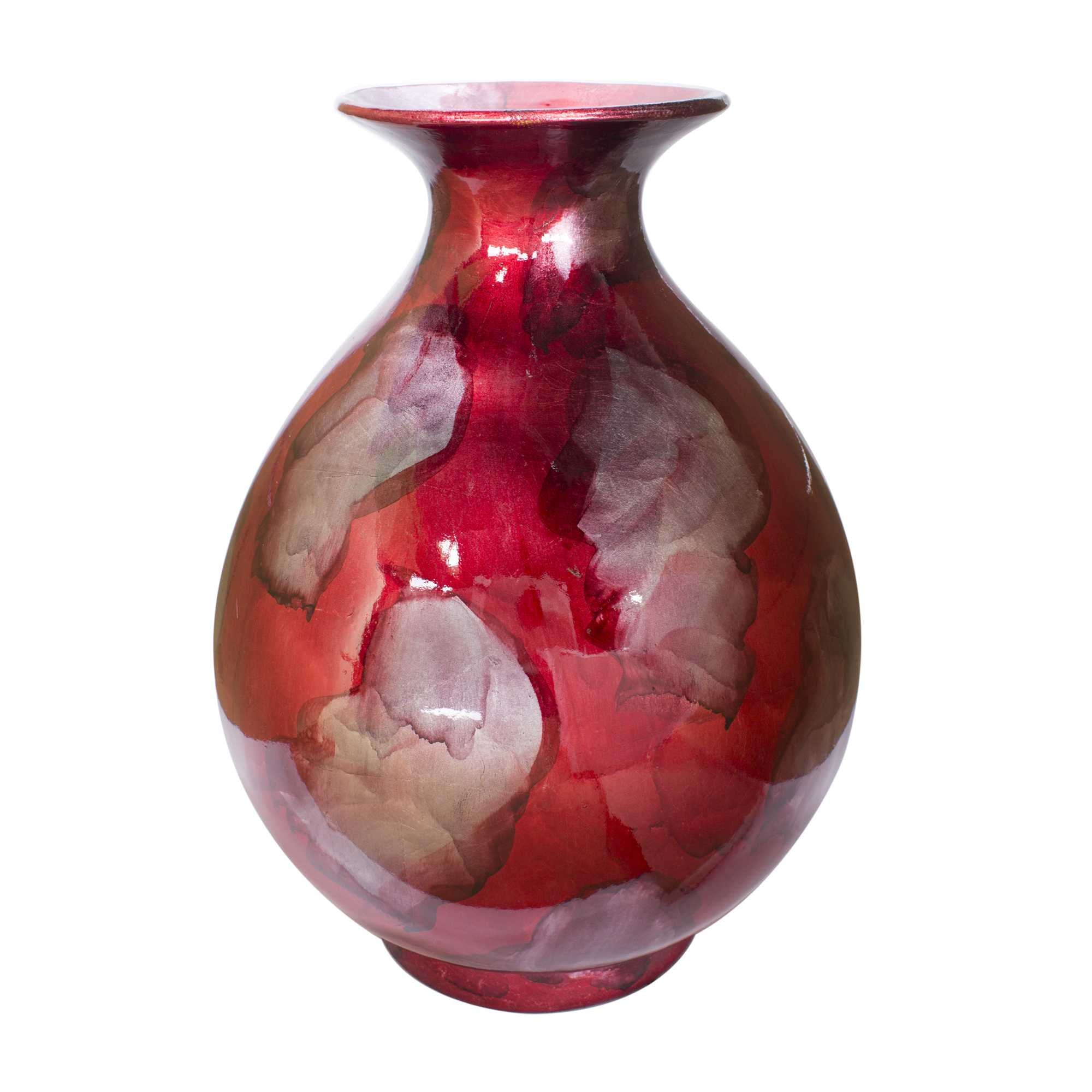 15" X 15" X 19" Red Ceramic Foiled & Lacquered Round Water Jar Vase