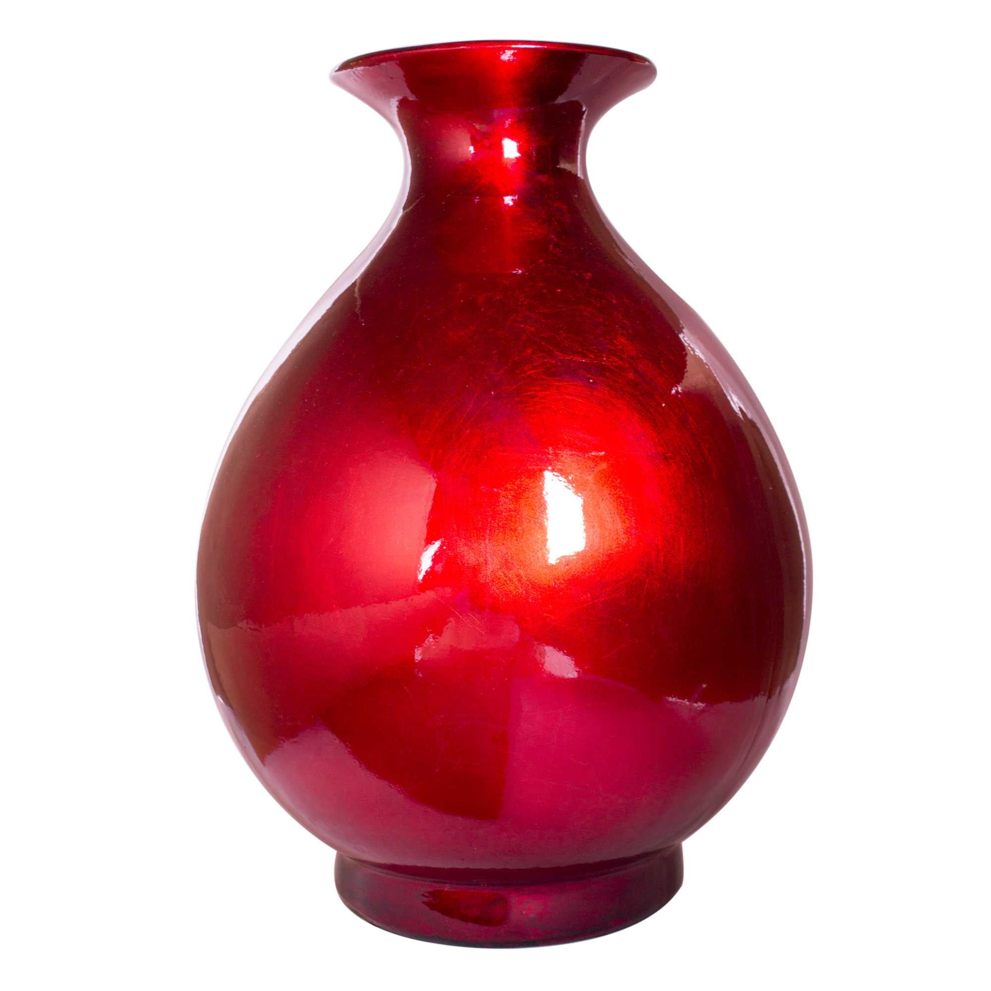 15" X 15" X 19" Red Ceramic Lacquered Round Water Jar Vase