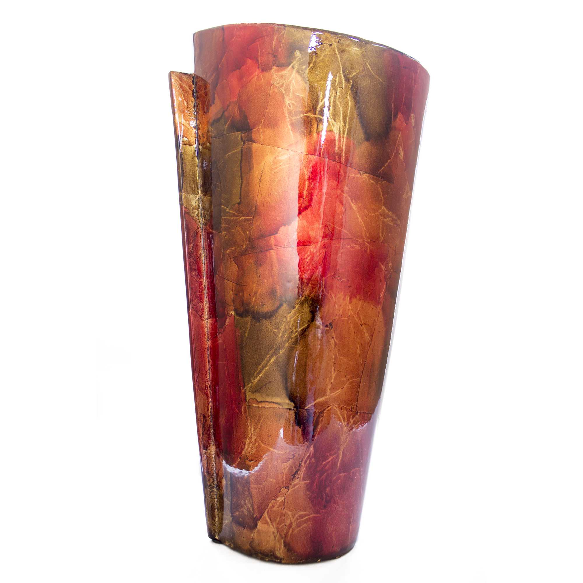 9" X 7" X 18" Copper Red Gold Ceramic Foiled & Lacquered Tapered Vase