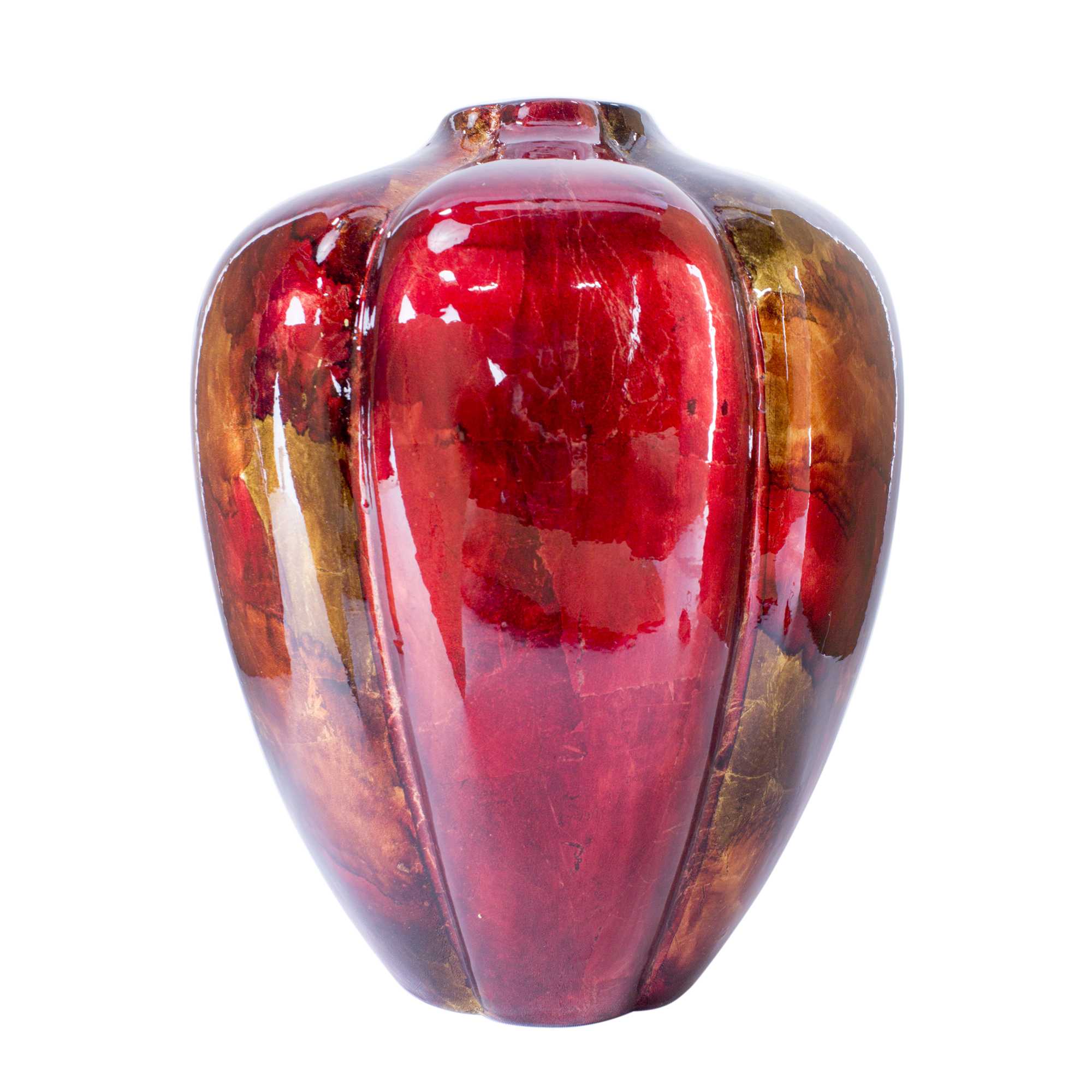 10" X 10" X 12" Copper Red Gold Ceramic Foiled & Lacquered Sculpted Gourd Vase