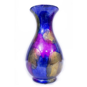 6" X 6" X 13" Blue Yellow Purple Ceramic Foiled & Lacquered Trumpet Vase