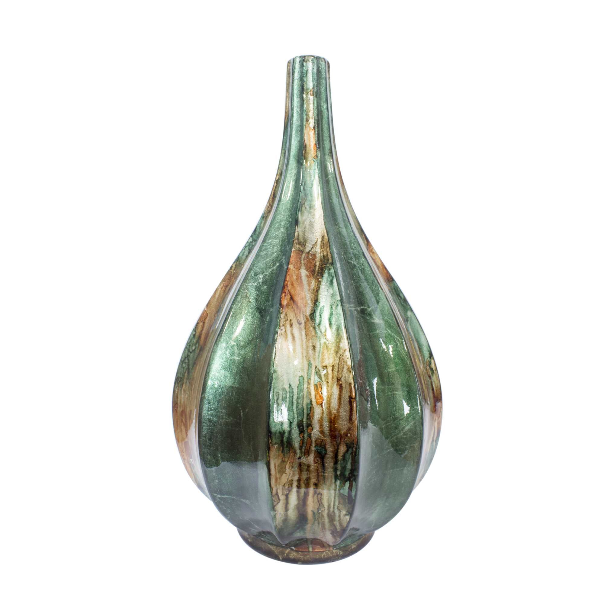 10" X 10" X 18" Turquoise Copper Bronze Ceramic Foiled & Lacquered Ridged Teardrop Vase