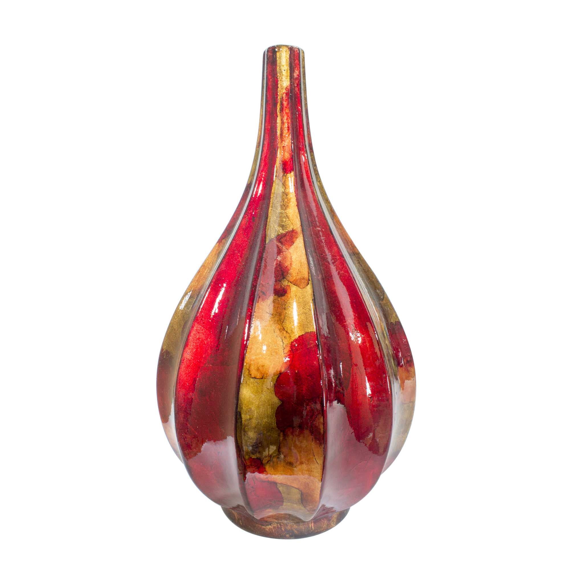 10" X 10" X 18" Copper Red Gold Ceramic Foiled & Lacquered Ridged Teardrop Vase