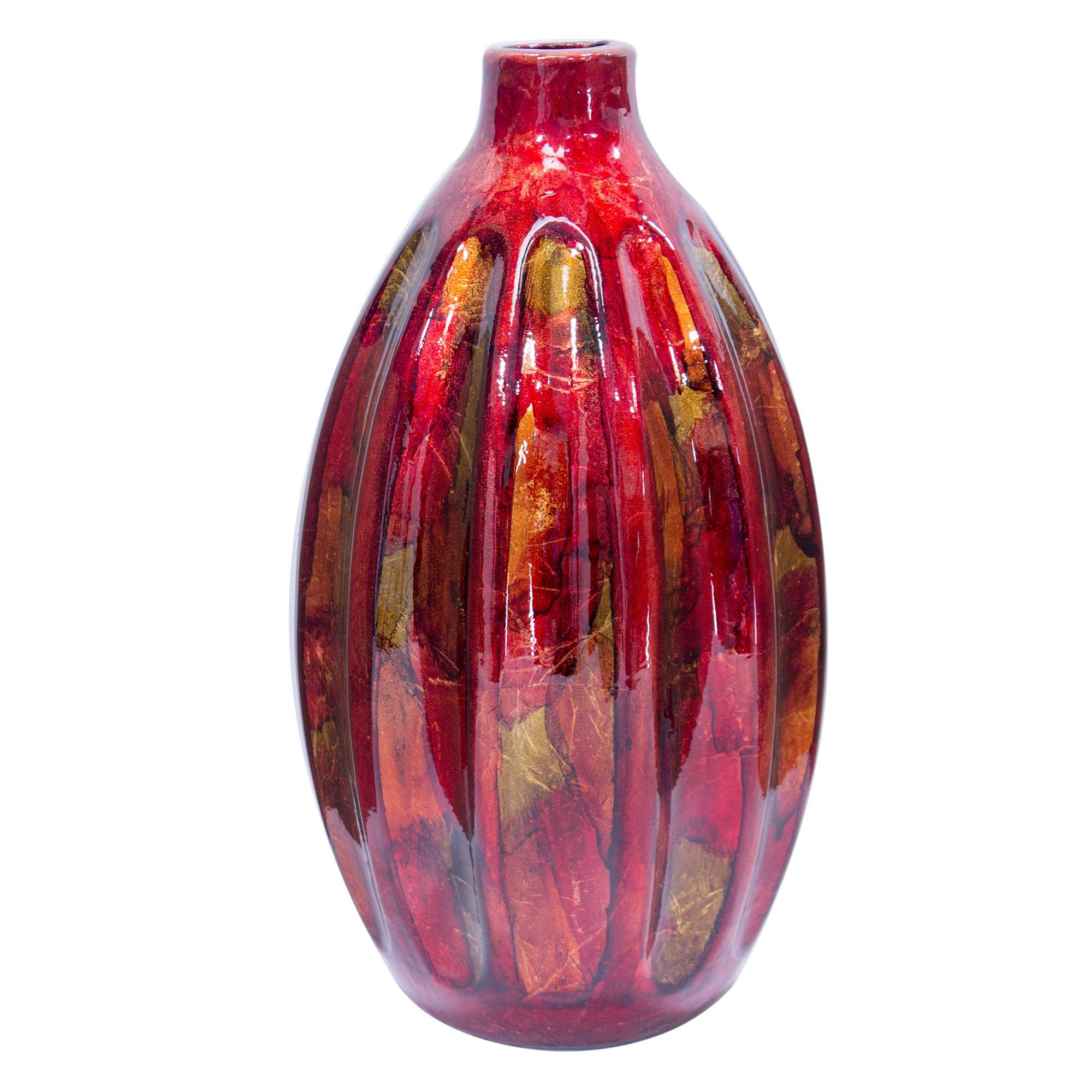 7" X 7" X 13" Copper Red Gold Ceramic Foiled & Lacquered Ridged Gourd Vase