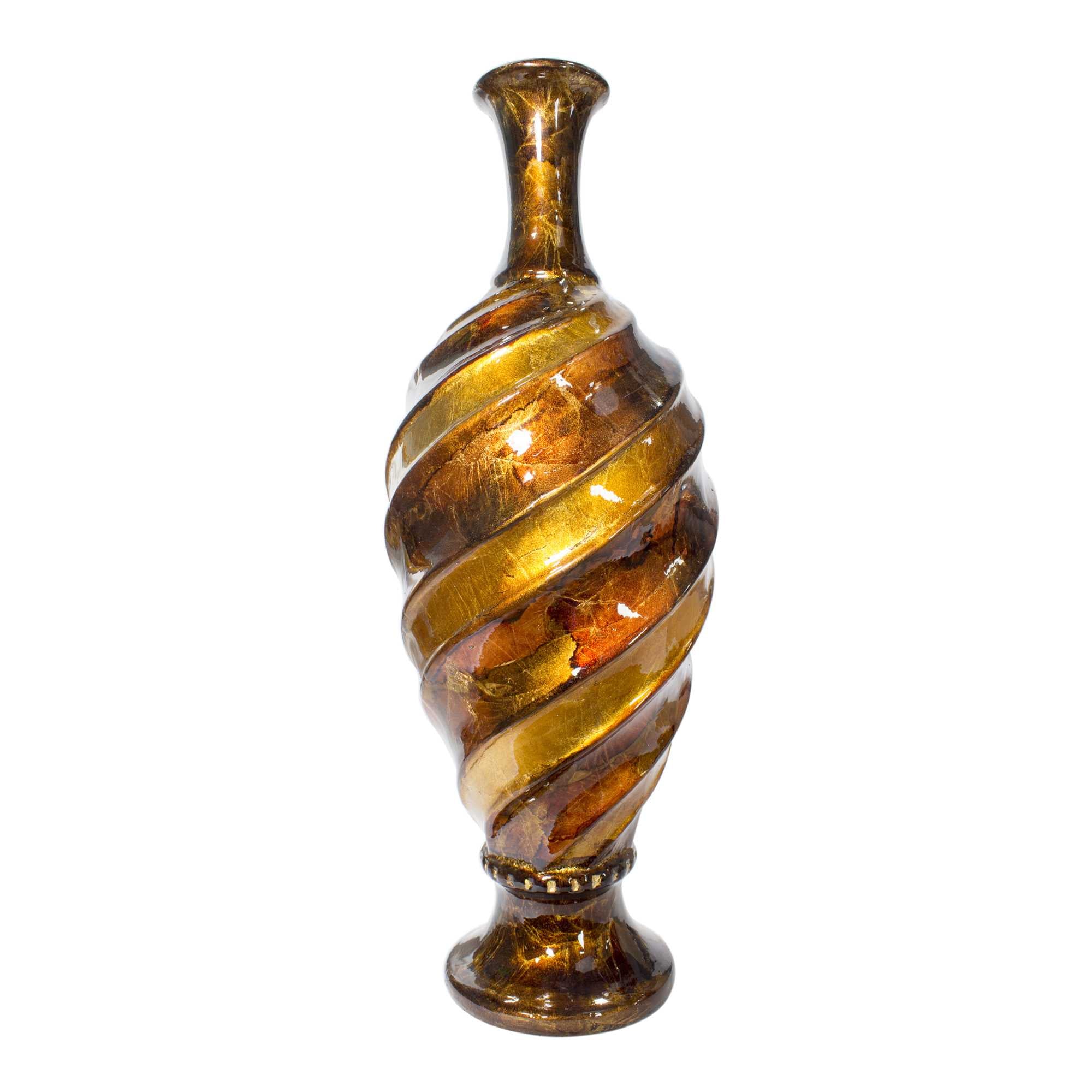 7" X 7" X 20" Copper Brown Amber Ceramic Foiled & Lacquered Turned and Ridged Bud Vase