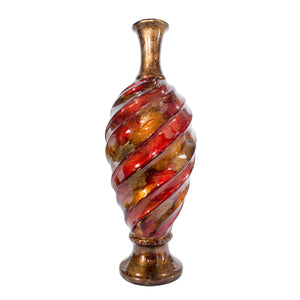 7" X 7" X 20" Copper Red Gold Ceramic Foiled & Lacquered Turned and Ridged Bud Vase