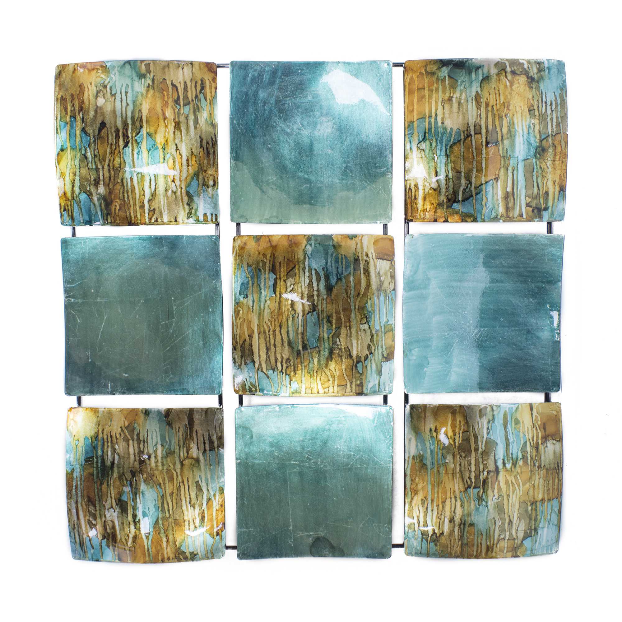 25" X 3" X 25" Turquoise Copper Bronze Metal 9-Panel Square Wall Decor