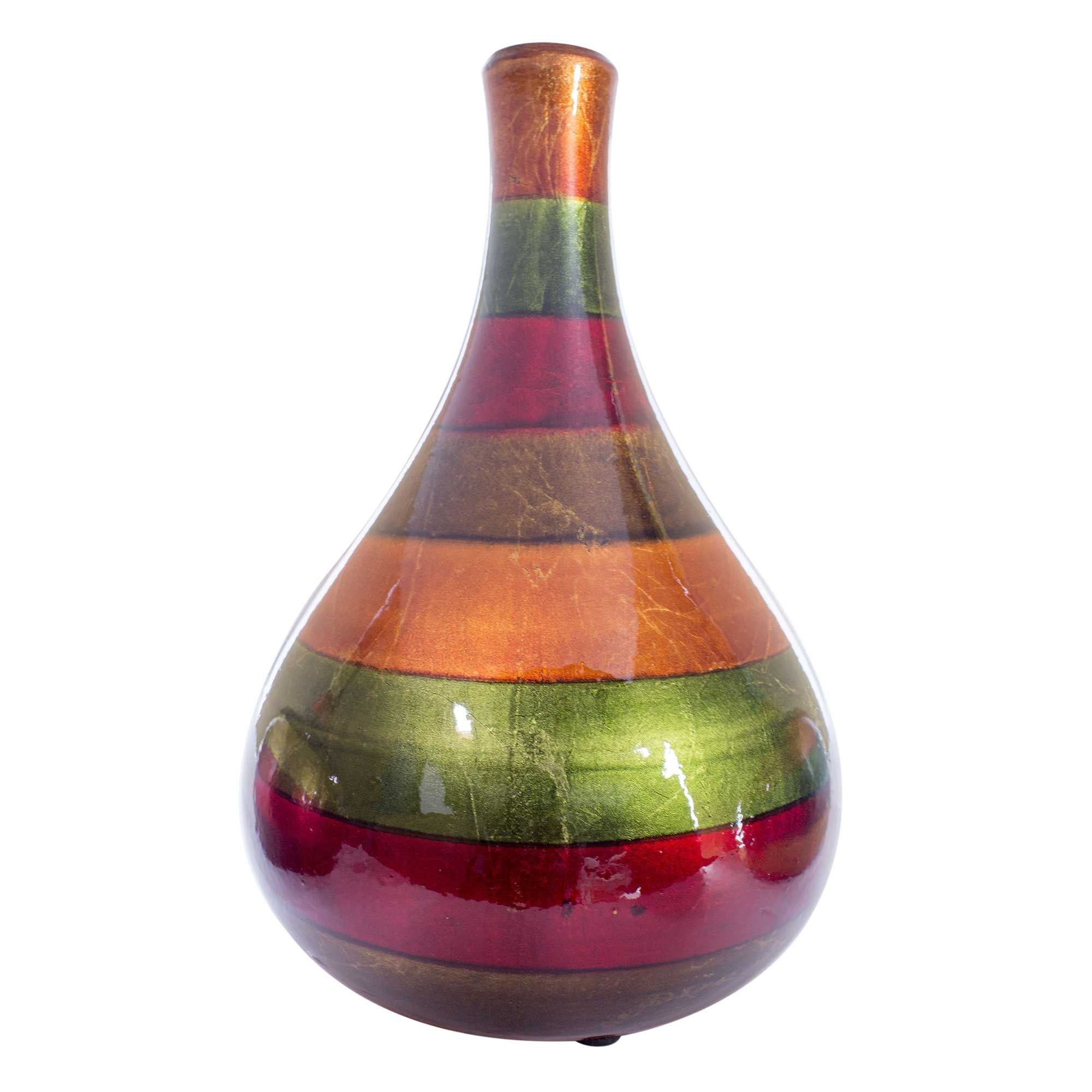 7" X 7" X 11" Green Red Brown Copper Ceramic Lacquered Striped Teardrop Bud Vase