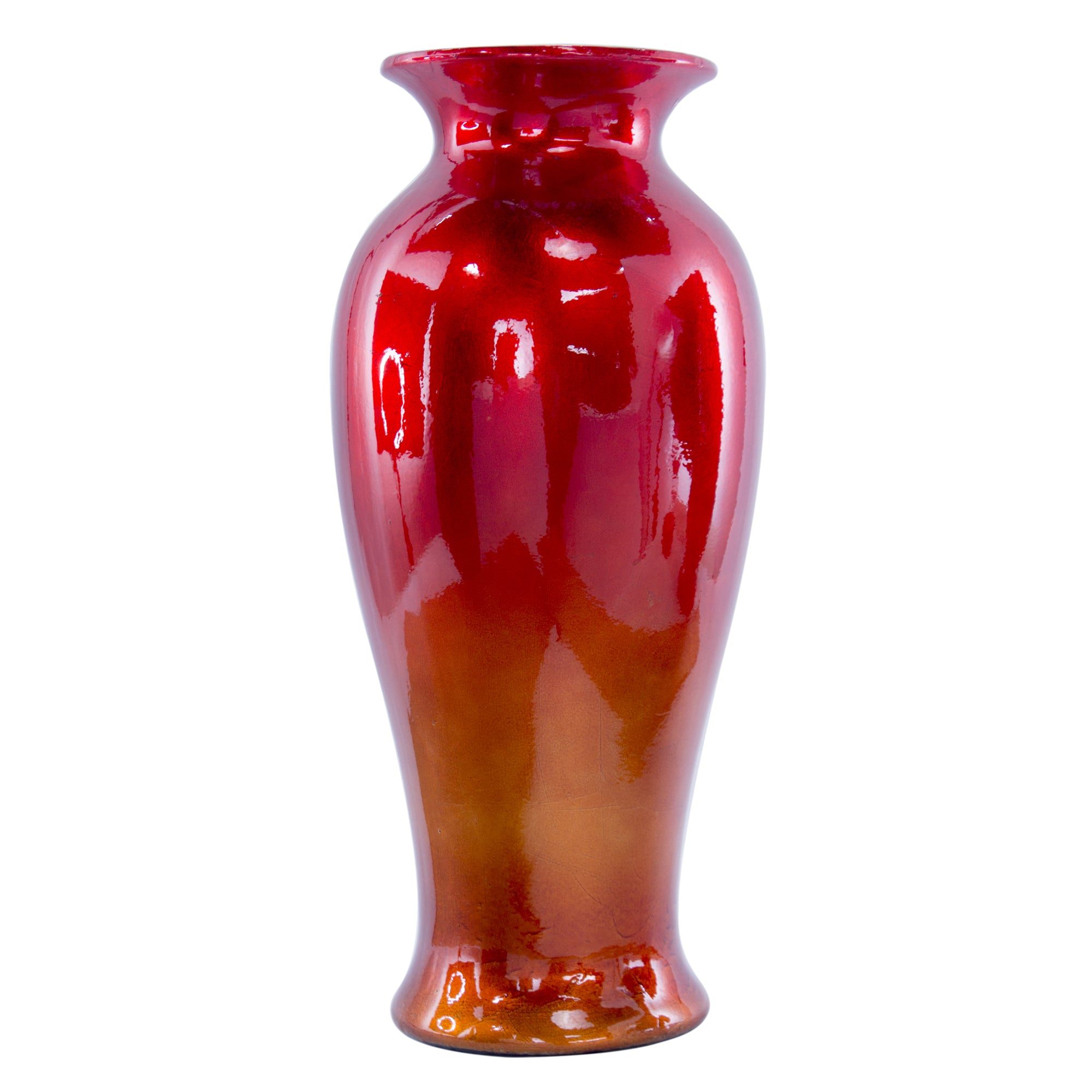 9" X 9" X 21" Red Orange Ceramic Ombre Lacquered Vase