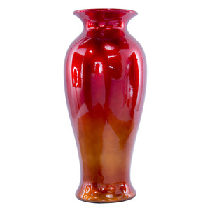 9" X 9" X 21" Red Orange Ceramic Ombre Lacquered Vase